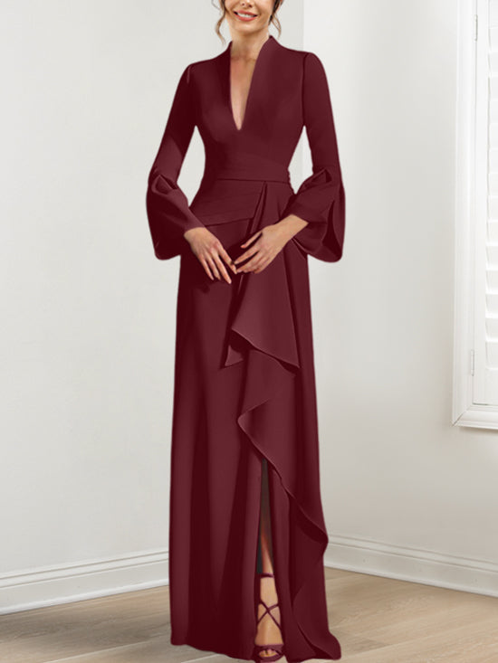 V Neck Long Mother of the Bride Dress With Side Split and Long Sleeves