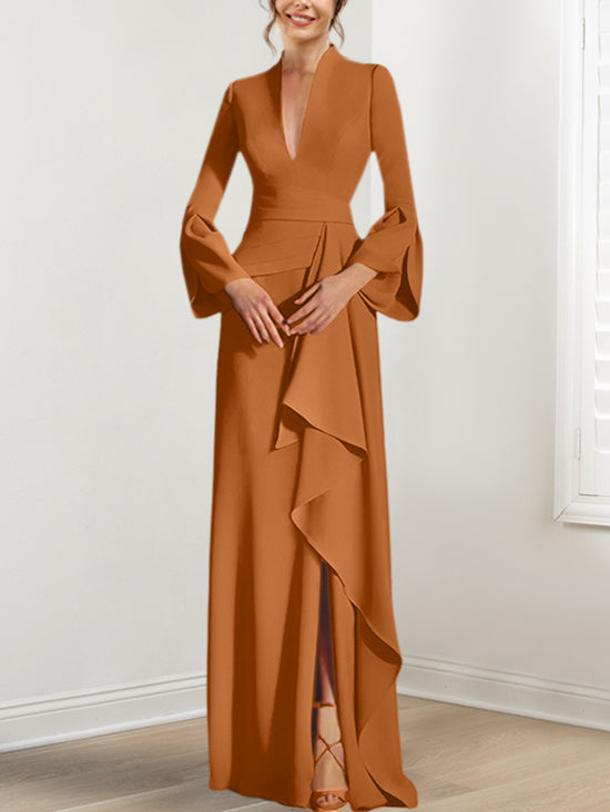 V Neck Long Mother of the Bride Dress With Side Split and Long Sleeves
