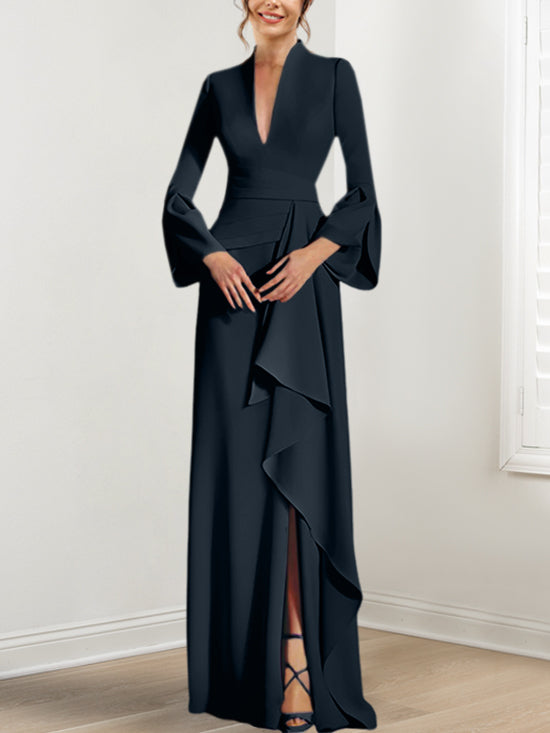 V Neck Long Mother of the Bride Dress With Side Split and Long Sleeves