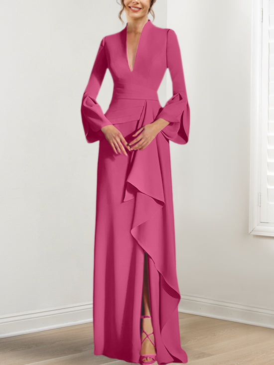 V Neck Long Mother of the Bride Dress With Side Split and Long Sleeves