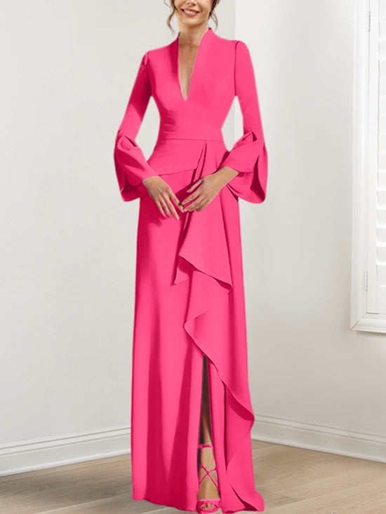 V Neck Long Mother of the Bride Dress With Side Split and Long Sleeves