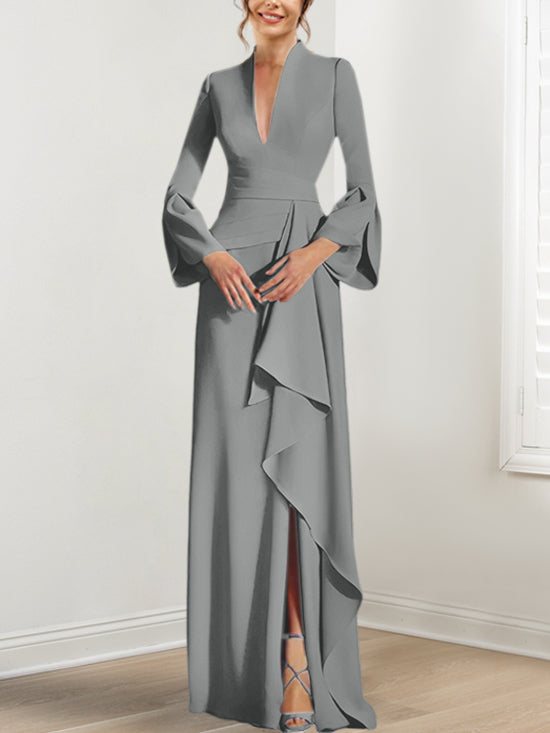 V Neck Long Mother of the Bride Dress With Side Split and Long Sleeves