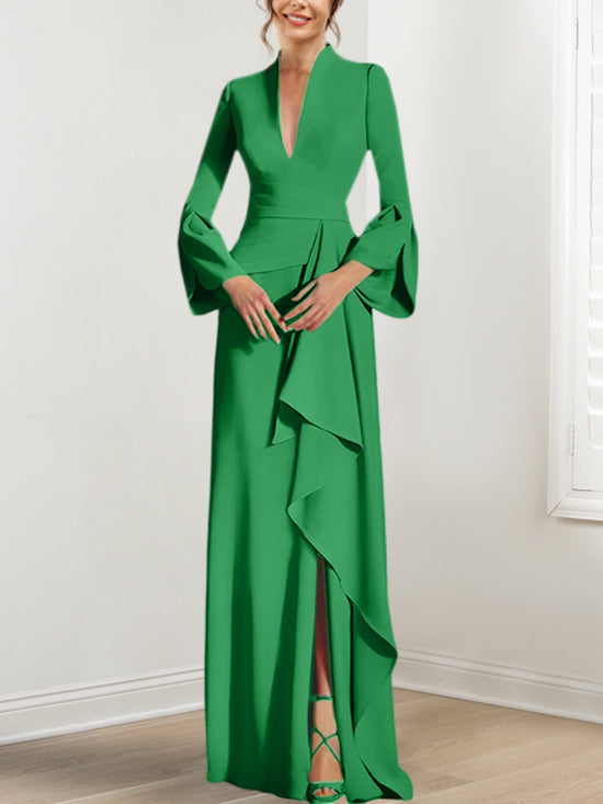 V Neck Long Mother of the Bride Dress With Side Split and Long Sleeves