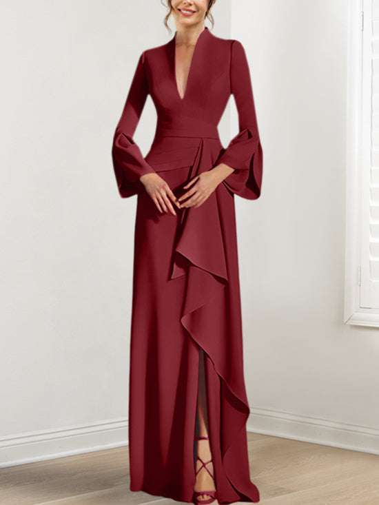 V Neck Long Mother of the Bride Dress With Side Split and Long Sleeves