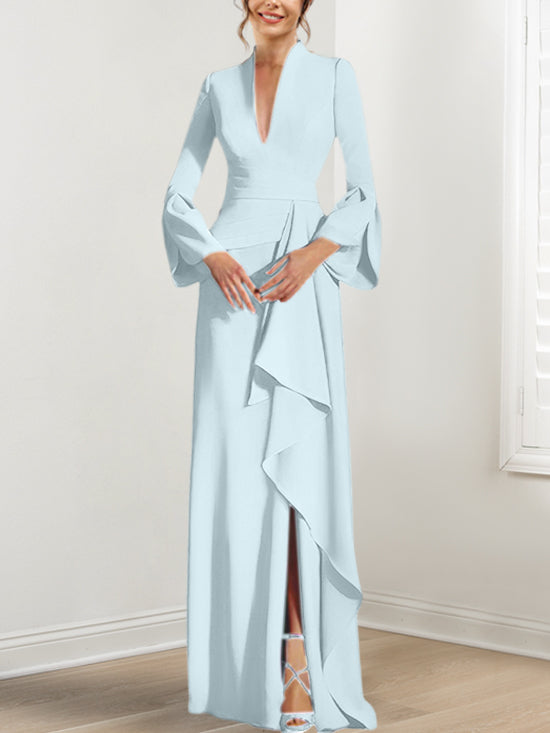 V Neck Long Mother of the Bride Dress With Side Split and Long Sleeves