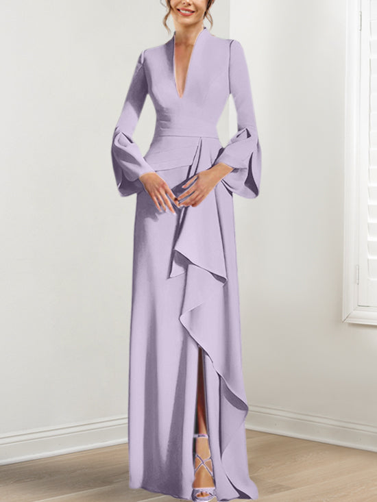 V Neck Long Mother of the Bride Dress With Side Split and Long Sleeves