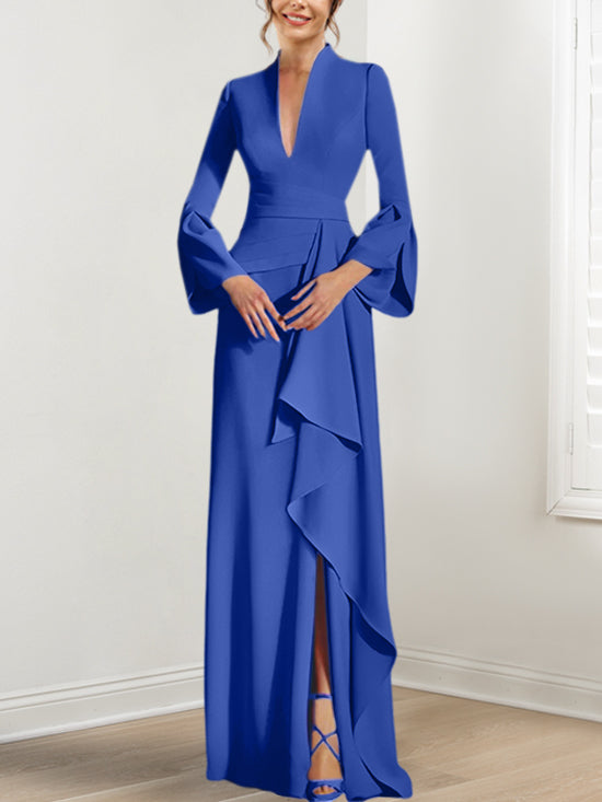 V Neck Long Mother of the Bride Dress With Side Split and Long Sleeves