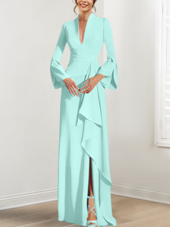 V Neck Long Mother of the Bride Dress With Side Split and Long Sleeves