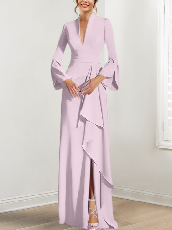 V Neck Long Mother of the Bride Dress With Side Split and Long Sleeves