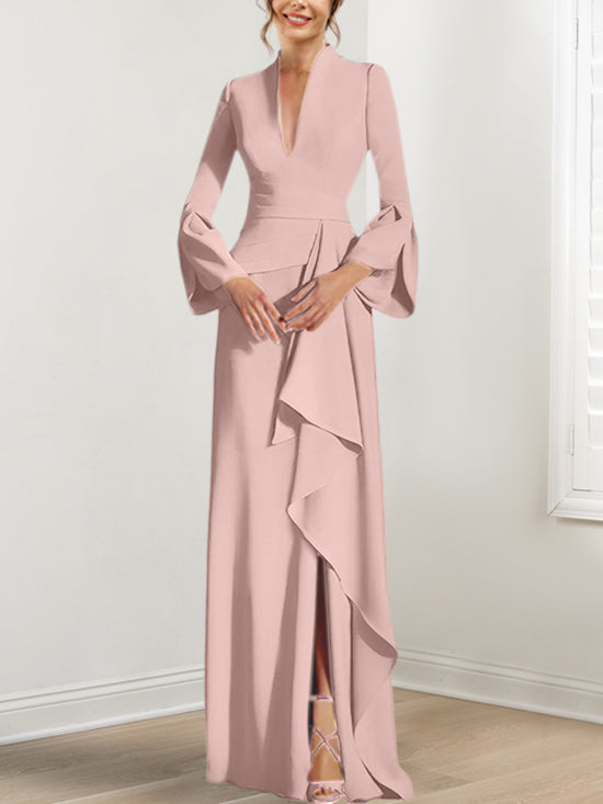 V Neck Long Mother of the Bride Dress With Side Split and Long Sleeves