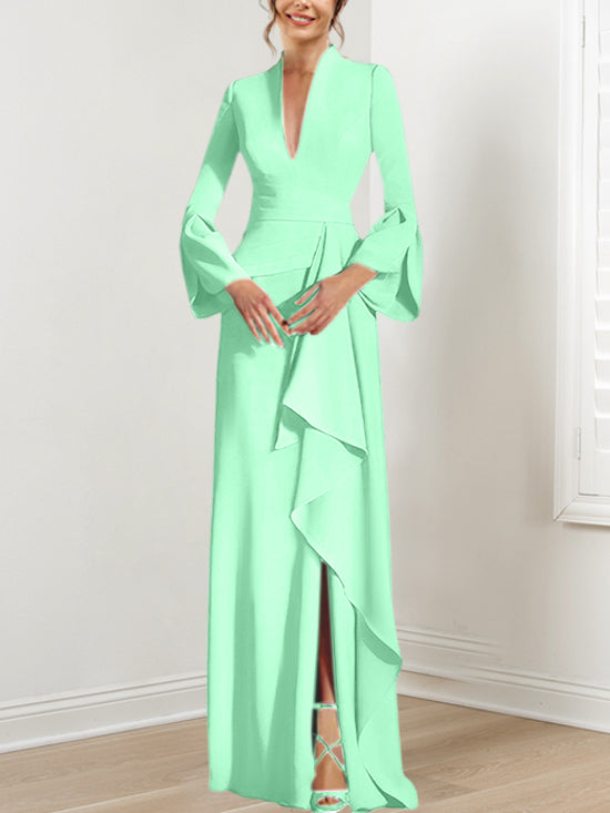 V Neck Long Mother of the Bride Dress With Side Split and Long Sleeves