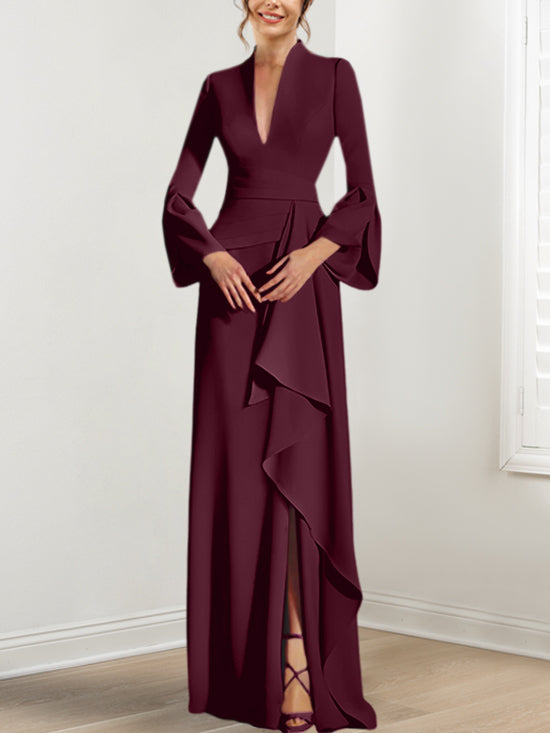 V Neck Long Mother of the Bride Dress With Side Split and Long Sleeves