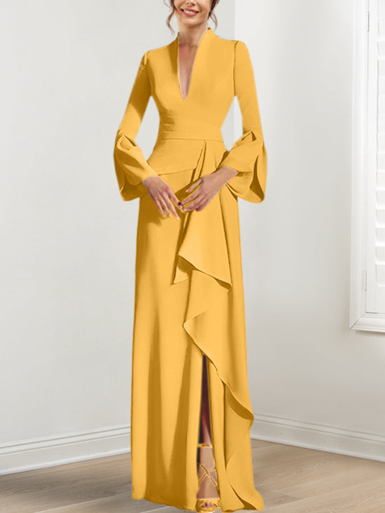 V Neck Long Mother of the Bride Dress With Side Split and Long Sleeves