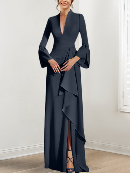 V Neck Long Mother of the Bride Dress With Side Split and Long Sleeves