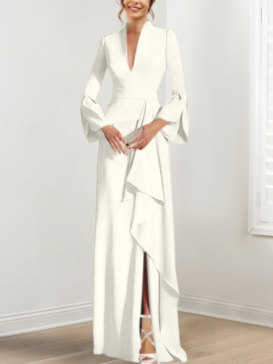 V Neck Long Mother of the Bride Dress With Side Split and Long Sleeves