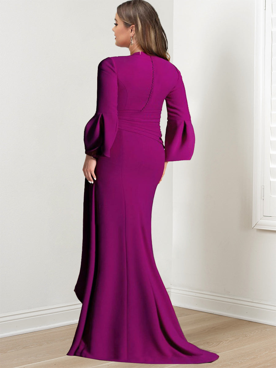 V Neck Long Mother of the Bride Dress With Side Split and Long Sleeves