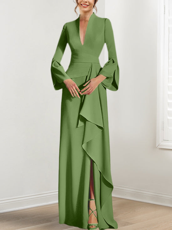 V Neck Long Mother of the Bride Dress With Side Split and Long Sleeves