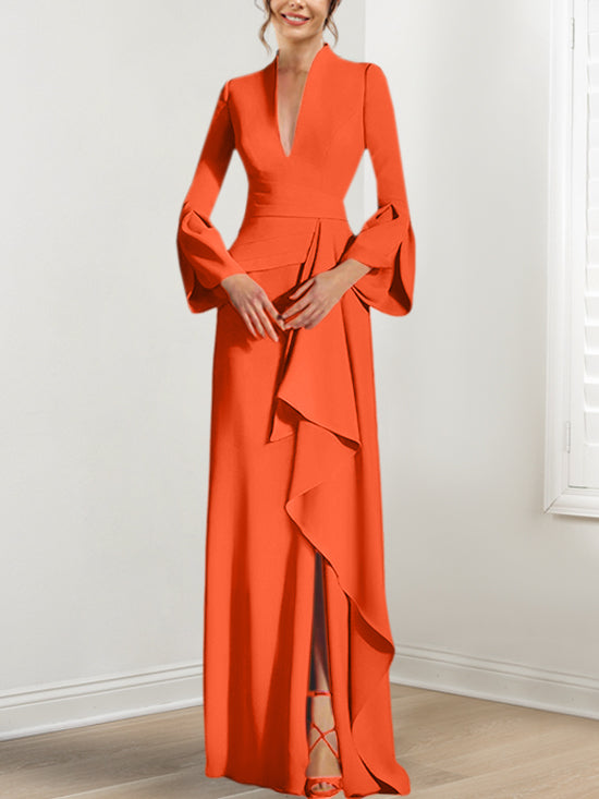 V Neck Long Mother of the Bride Dress With Side Split and Long Sleeves