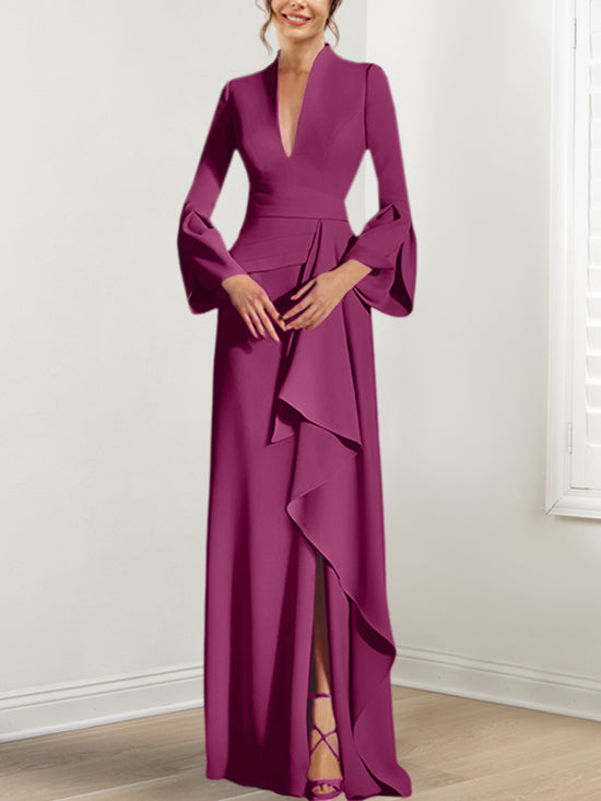 V Neck Long Mother of the Bride Dress With Side Split and Long Sleeves