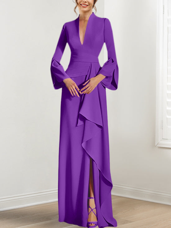 V Neck Long Mother of the Bride Dress With Side Split and Long Sleeves