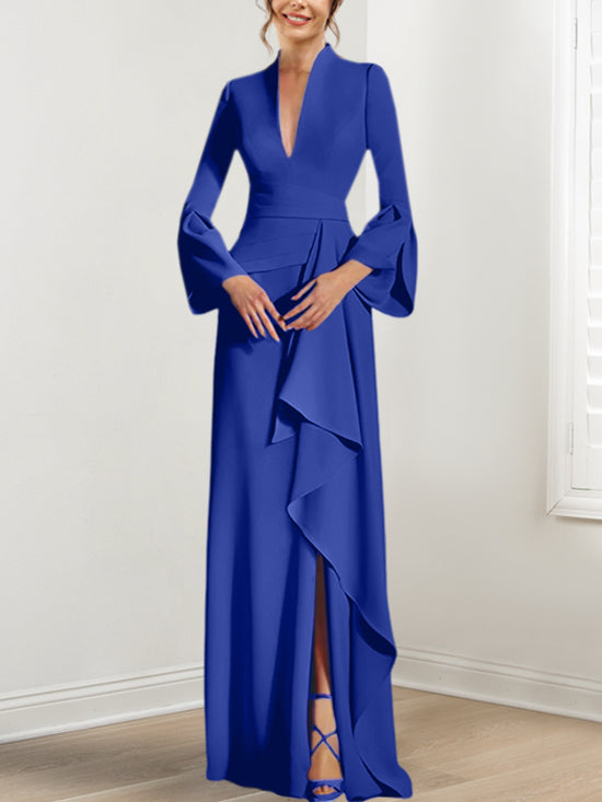 V Neck Long Mother of the Bride Dress With Side Split and Long Sleeves