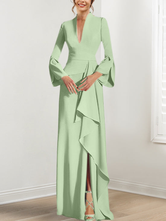 V Neck Long Mother of the Bride Dress With Side Split and Long Sleeves
