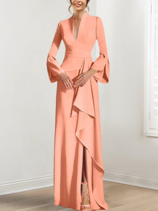 V Neck Long Mother of the Bride Dress With Side Split and Long Sleeves
