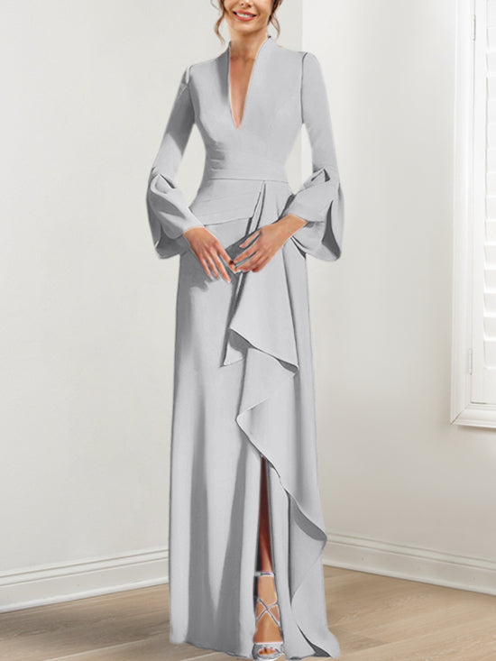 V Neck Long Mother of the Bride Dress With Side Split and Long Sleeves