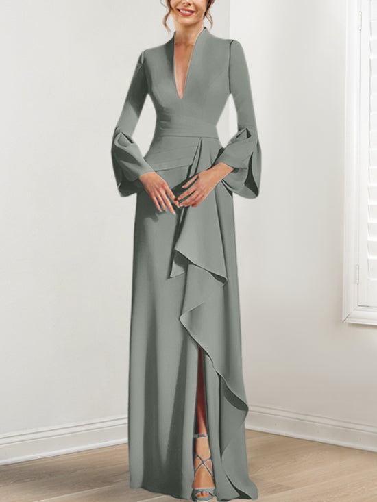 V Neck Long Mother of the Bride Dress With Side Split and Long Sleeves