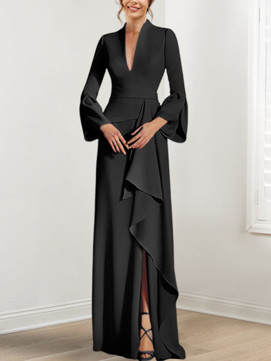 V Neck Long Mother of the Bride Dress With Side Split and Long Sleeves
