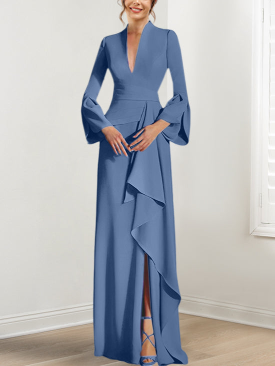 V Neck Long Mother of the Bride Dress With Side Split and Long Sleeves