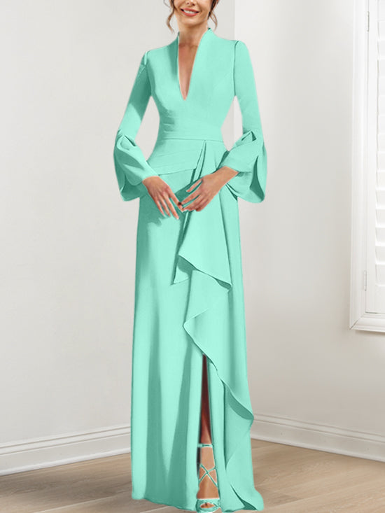 V Neck Long Mother of the Bride Dress With Side Split and Long Sleeves