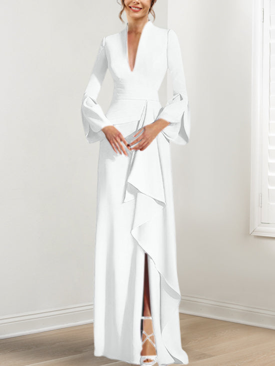 V Neck Long Mother of the Bride Dress With Side Split and Long Sleeves