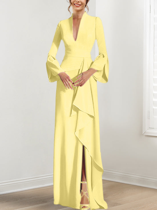 V Neck Long Mother of the Bride Dress With Side Split and Long Sleeves