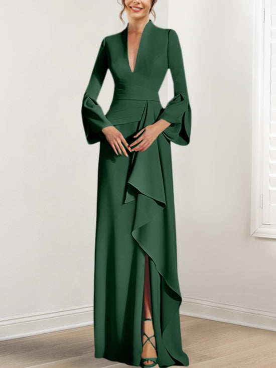 V Neck Long Mother of the Bride Dress With Side Split and Long Sleeves