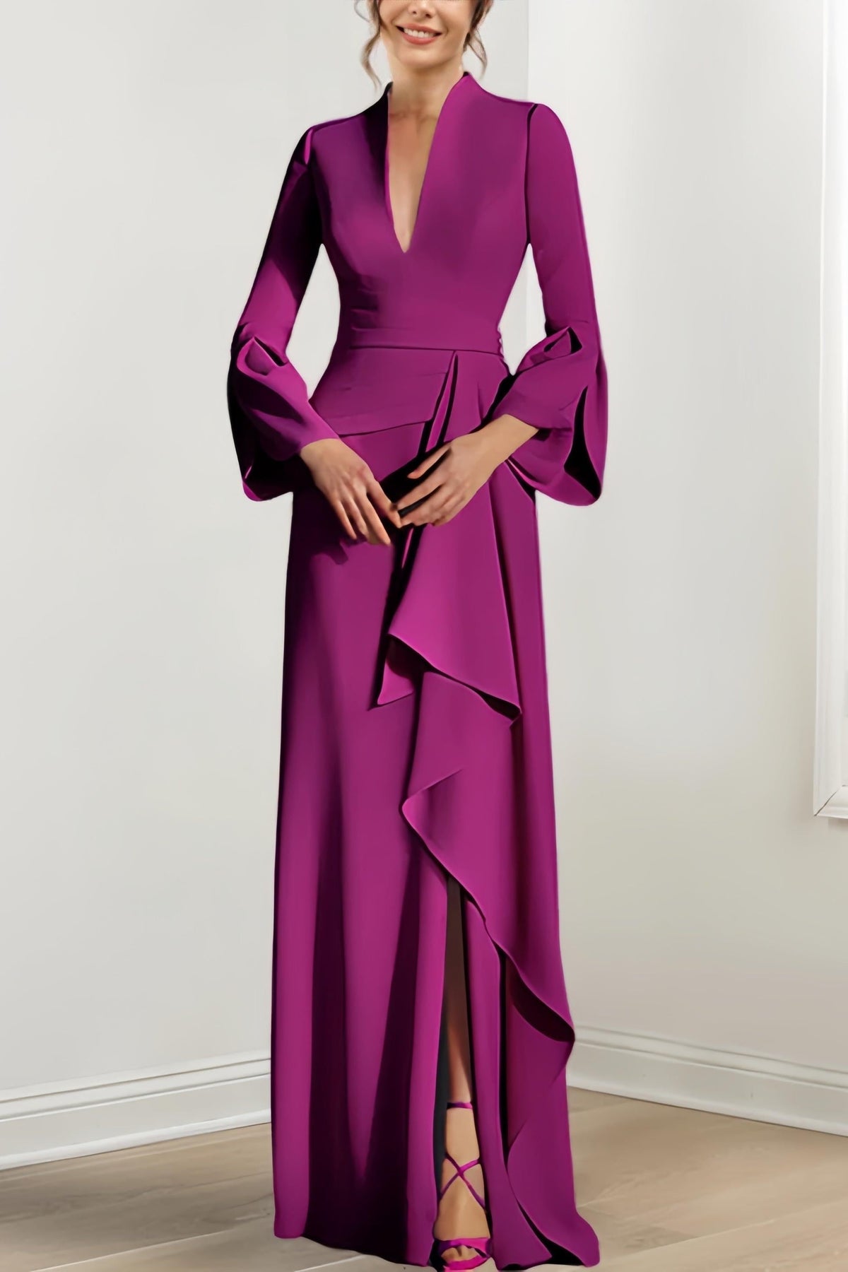V Neck Long Mother of the Bride Dress With Side Split and Long Sleeves