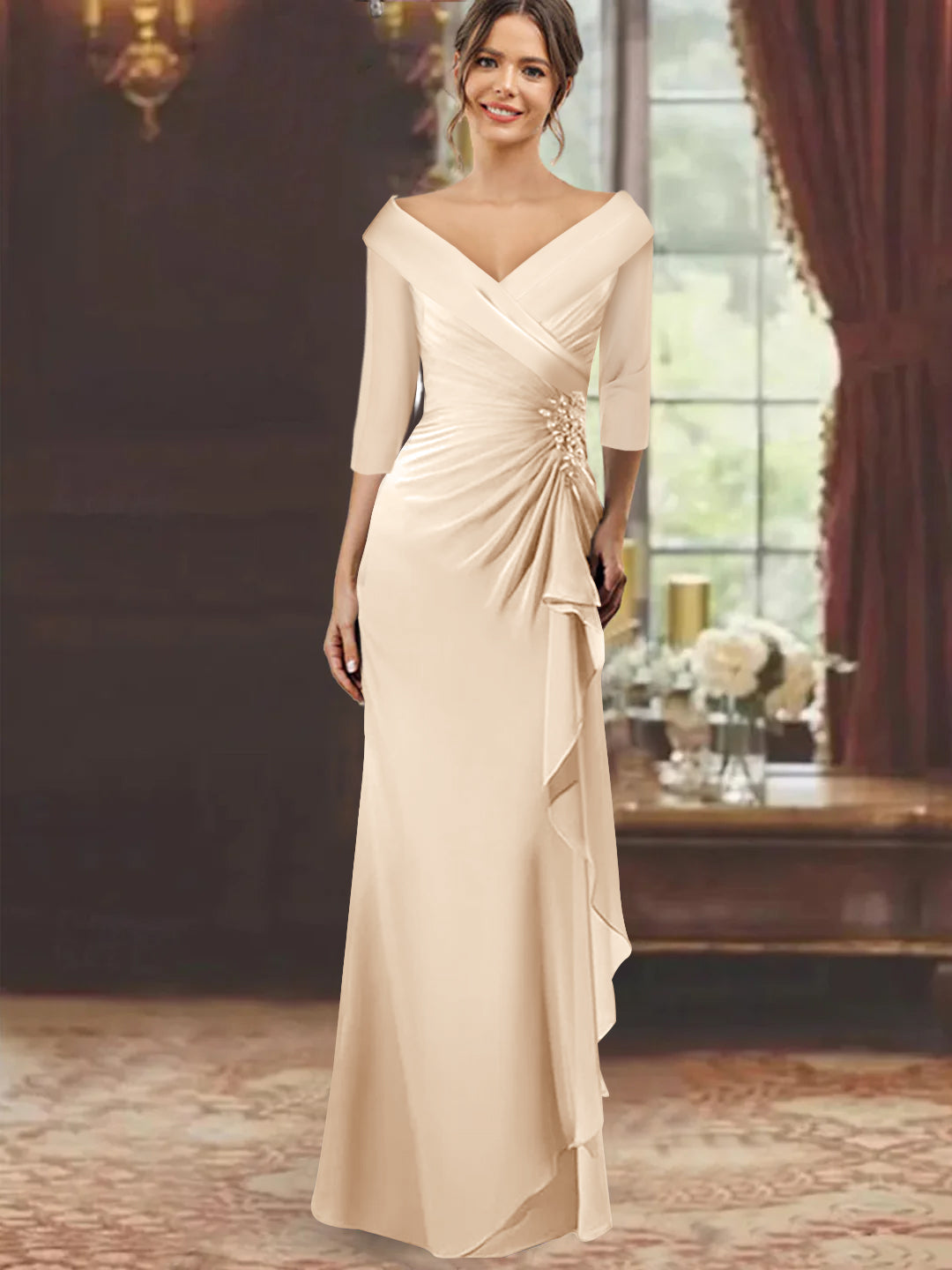 V Neck Long Mother of the Bride Dress with Ruffles and Appliques Half Sleeves
