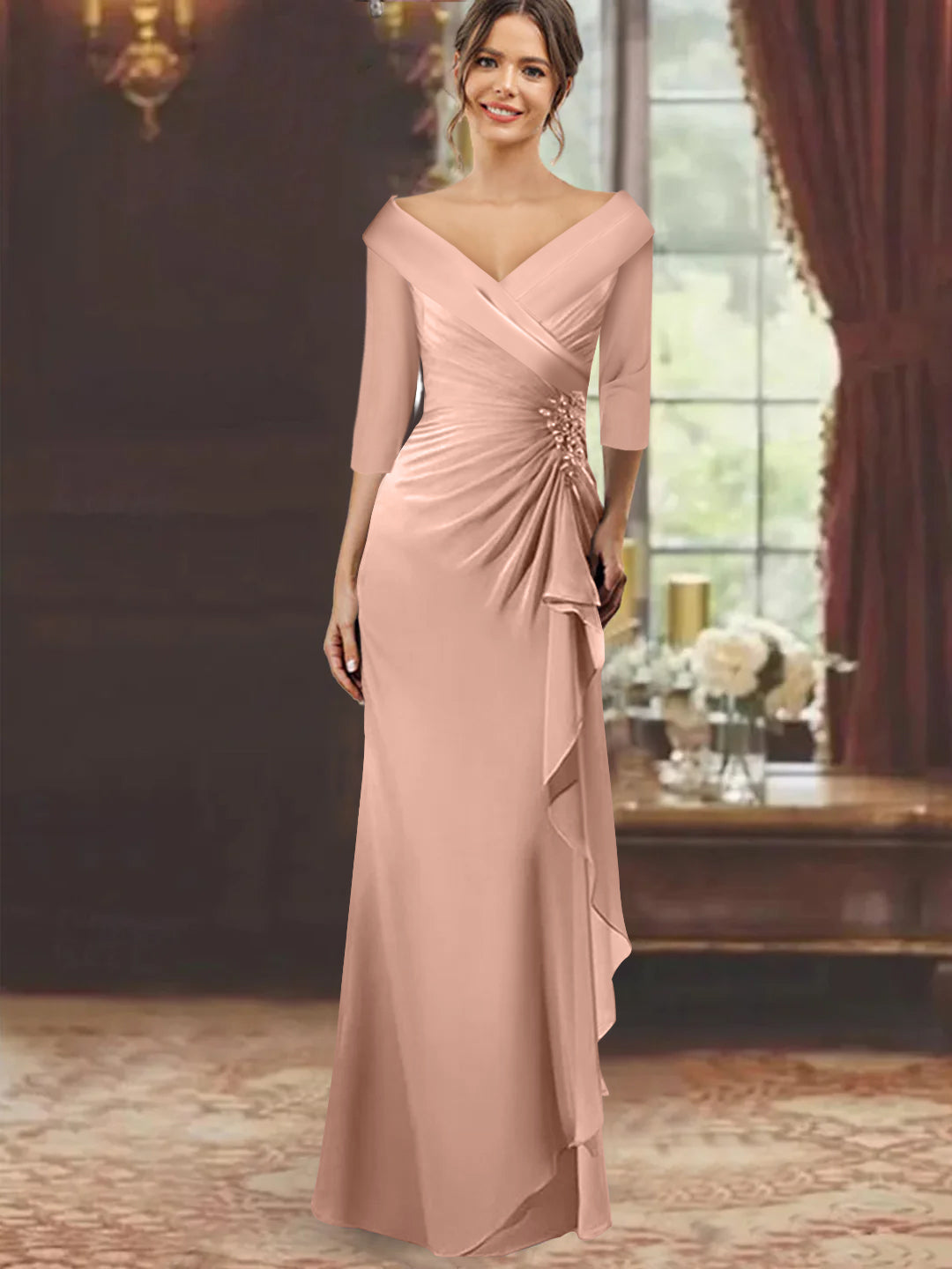 V Neck Long Mother of the Bride Dress with Ruffles and Appliques Half Sleeves