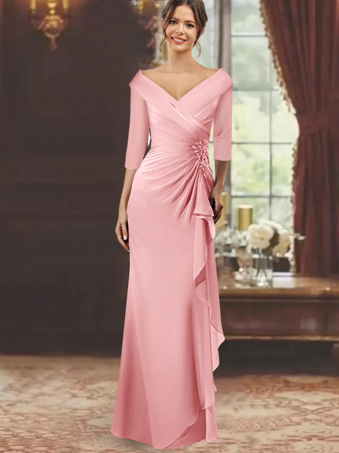 V Neck Long Mother of the Bride Dress with Ruffles and Appliques Half Sleeves