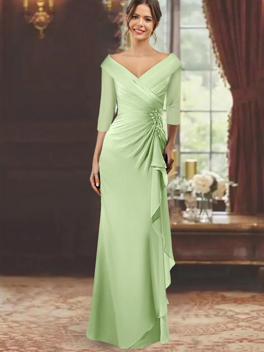 V Neck Long Mother of the Bride Dress with Ruffles and Appliques Half Sleeves