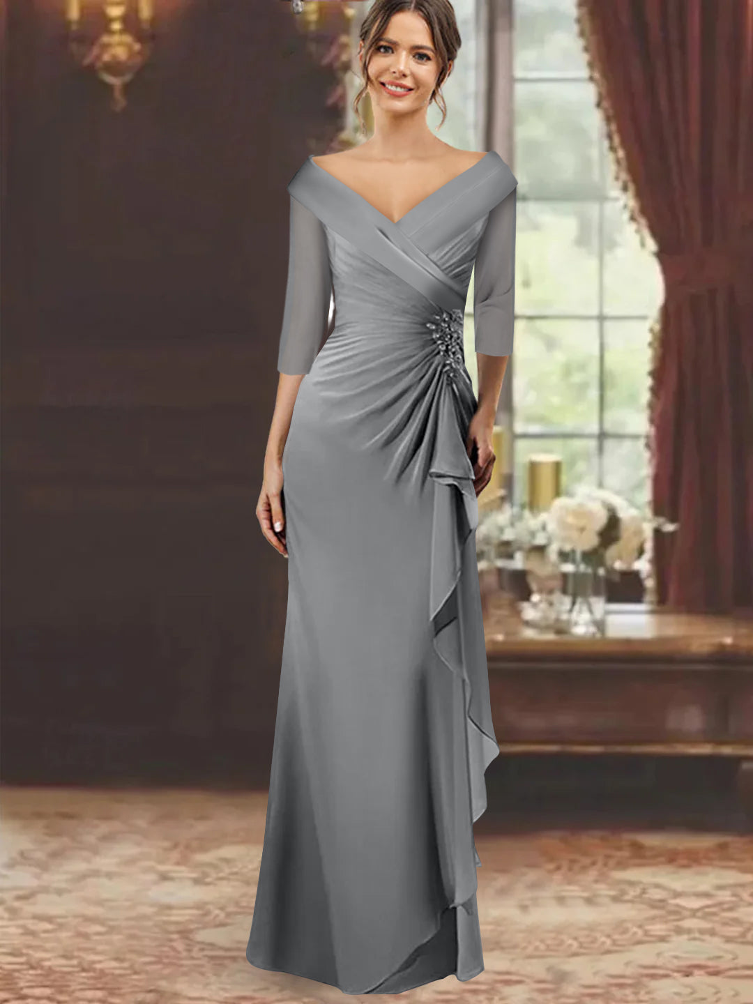 V Neck Long Mother of the Bride Dress with Ruffles and Appliques Half Sleeves