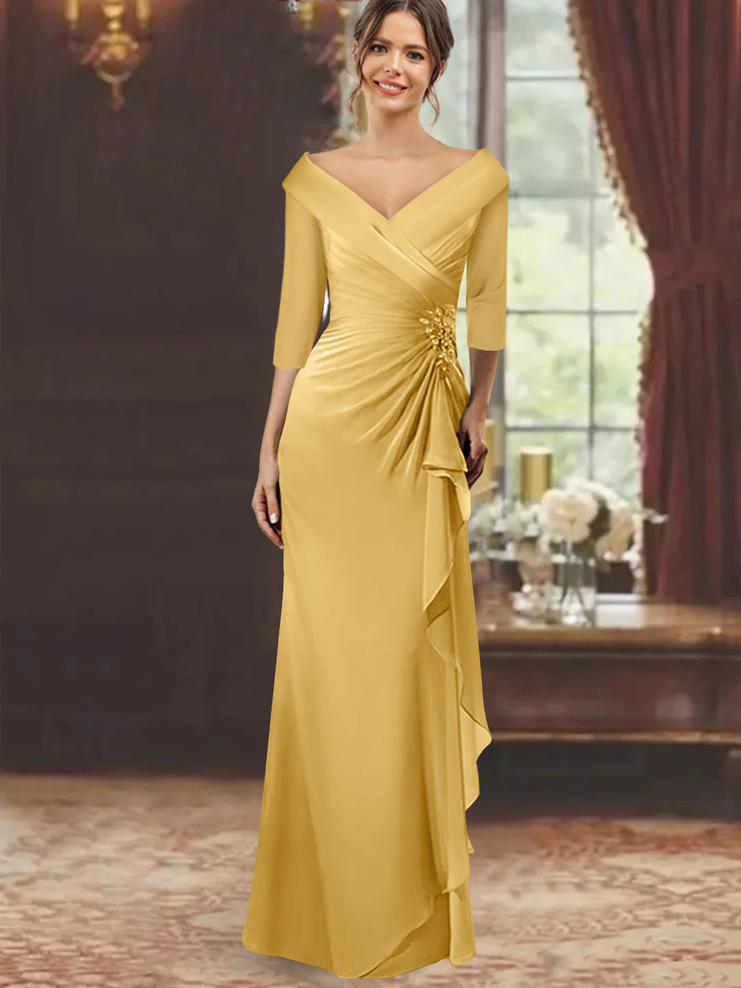 V Neck Long Mother of the Bride Dress with Ruffles and Appliques Half Sleeves