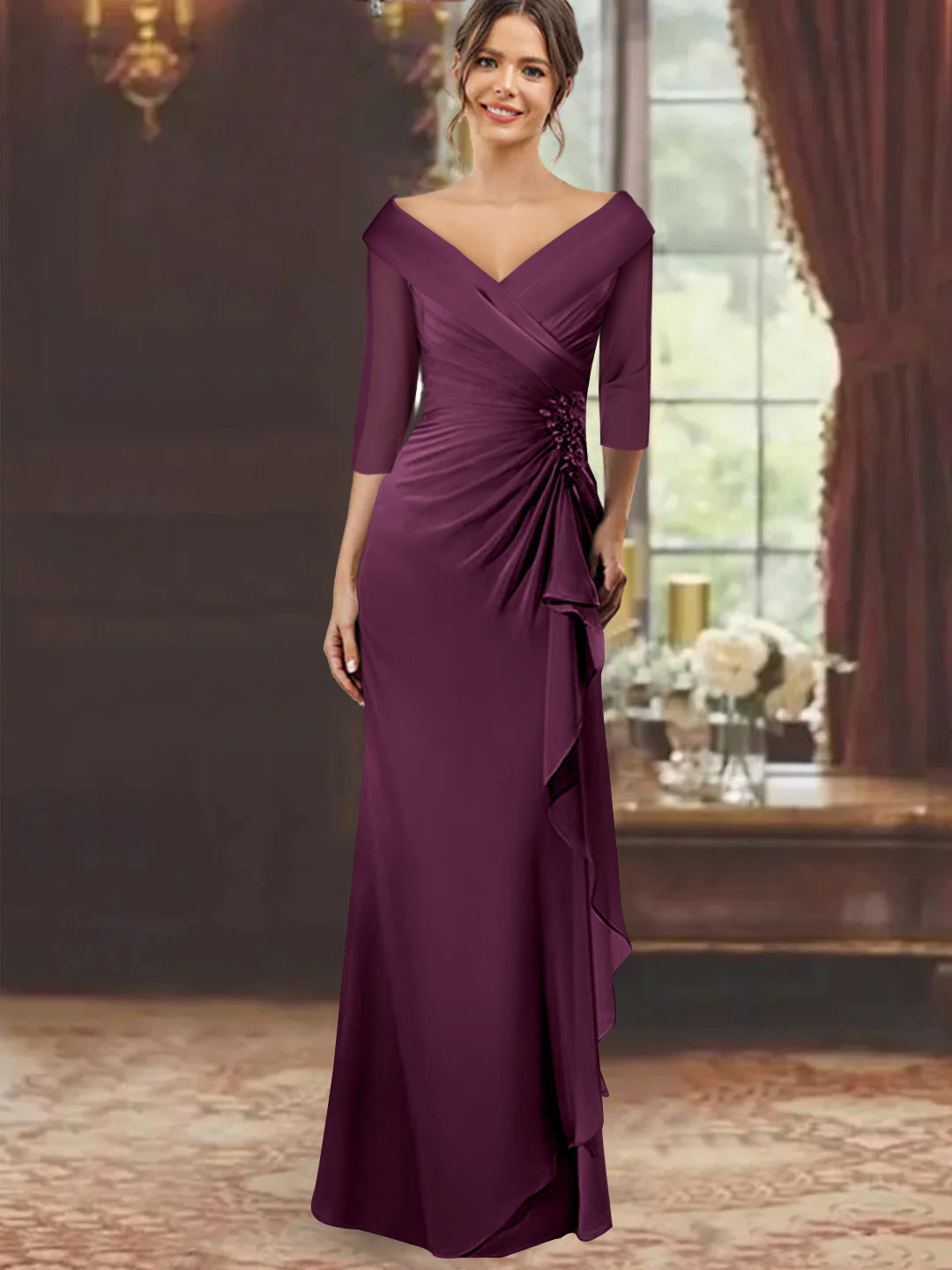 V Neck Long Mother of the Bride Dress with Ruffles and Appliques Half Sleeves