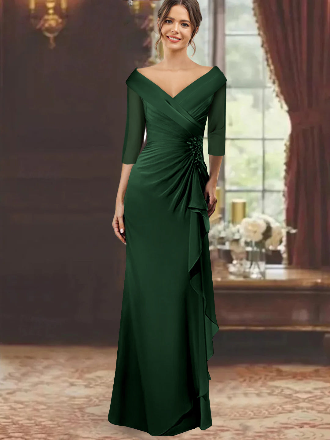 V Neck Long Mother of the Bride Dress with Ruffles and Appliques Half Sleeves