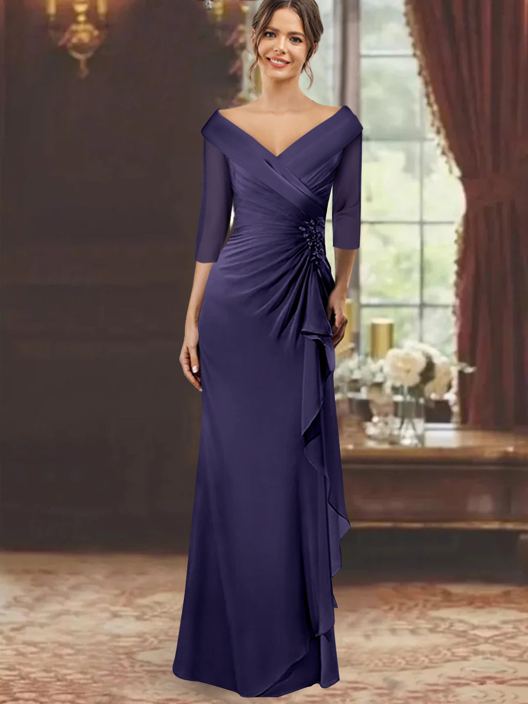 V Neck Long Mother of the Bride Dress with Ruffles and Appliques Half Sleeves