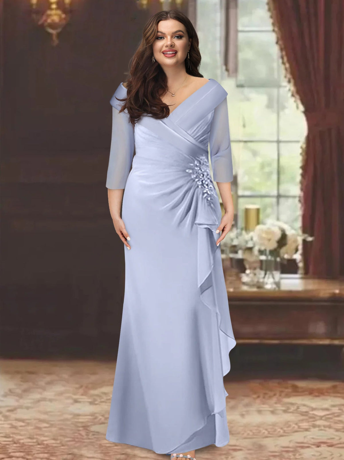 V Neck Long Mother of the Bride Dress with Ruffles and Appliques Half Sleeves