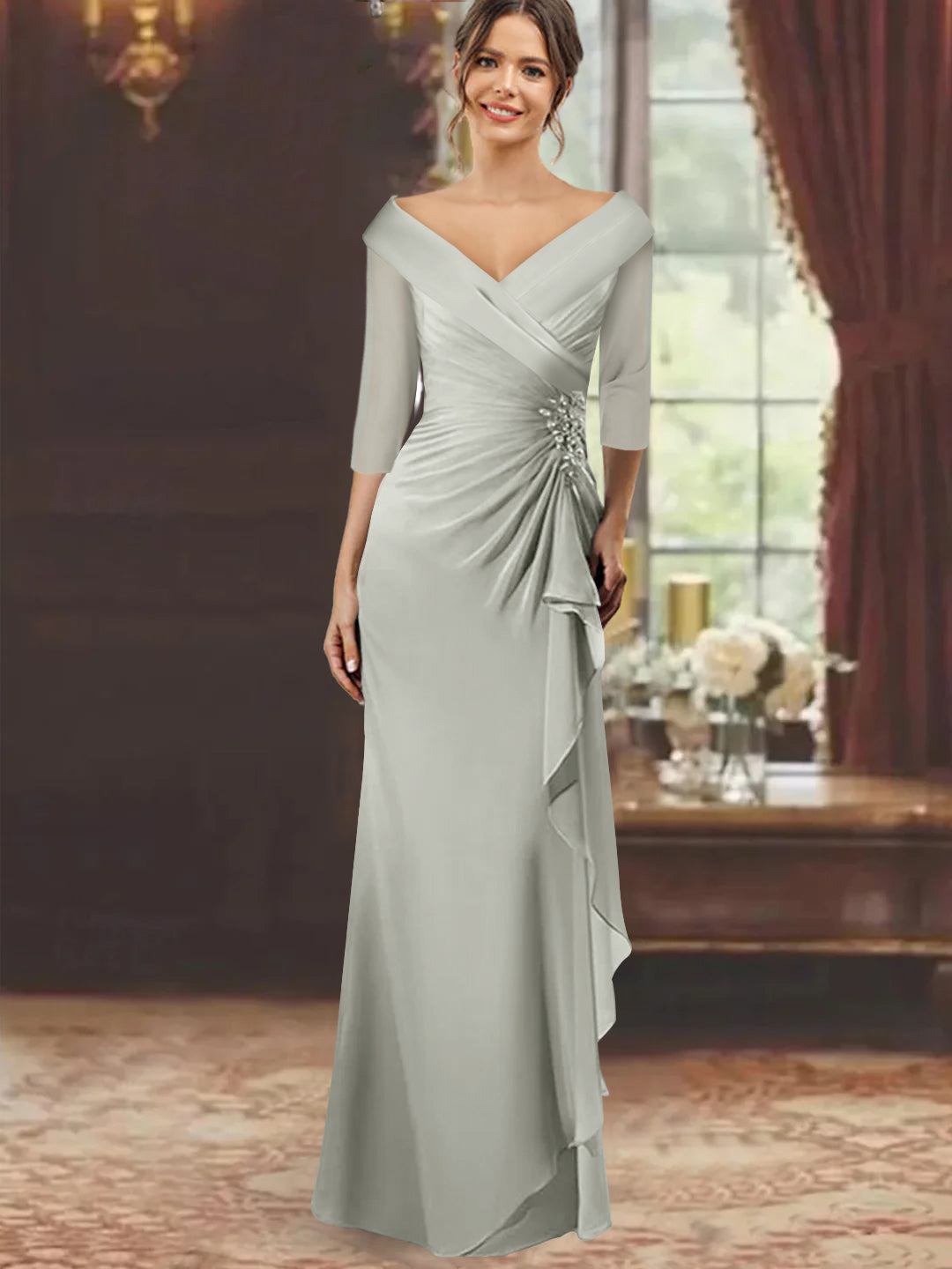 V Neck Long Mother of the Bride Dress with Ruffles and Appliques Half Sleeves