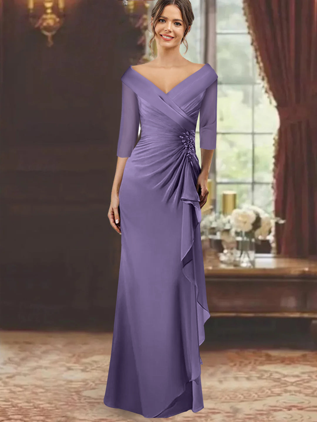 V Neck Long Mother of the Bride Dress with Ruffles and Appliques Half Sleeves