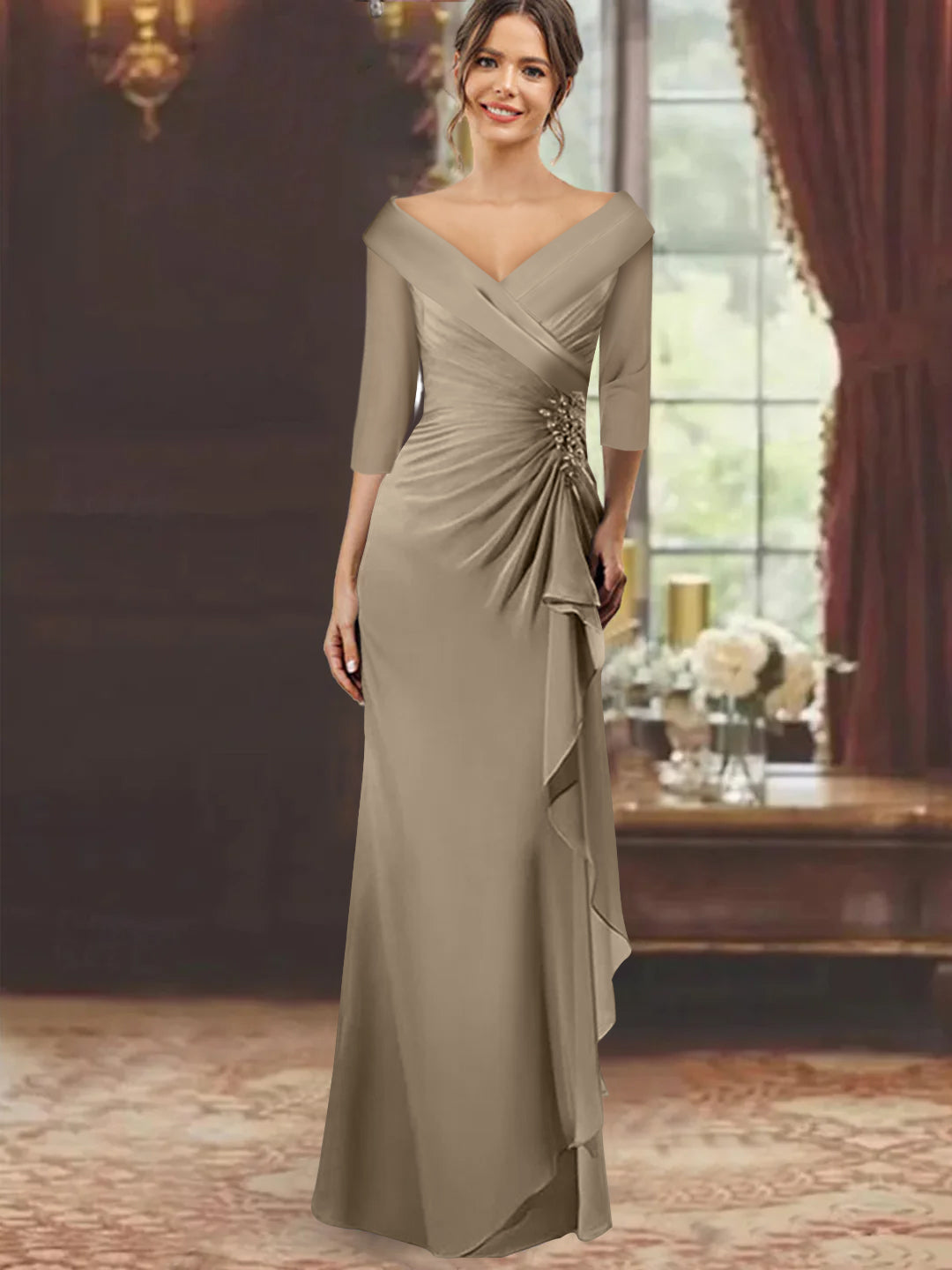 V Neck Long Mother of the Bride Dress with Ruffles and Appliques Half Sleeves