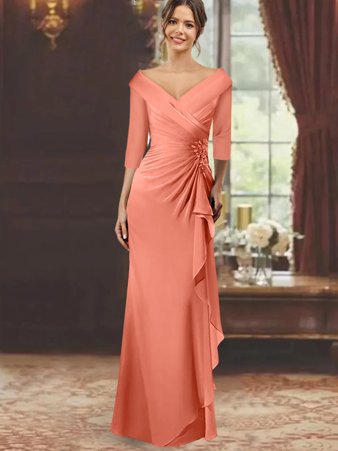 V Neck Long Mother of the Bride Dress with Ruffles and Appliques Half Sleeves